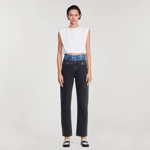 Sandro Paris Calça Jeans Cintura Dupla Bicolor-Mulheres Vaqueiros