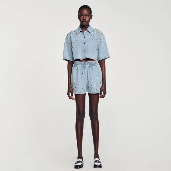 Sandro Paris Calça Jeans Curta Larga Com Strass-Mulheres Saias E Shorts