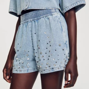 Sandro Paris Calça Jeans Curta Larga Com Strass-Mulheres Saias E Shorts