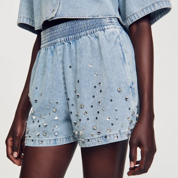Sandro Paris Calça Jeans Curta Larga Com Strass-Mulheres Saias E Shorts