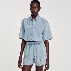 Sandro Paris Calça Jeans Curta Larga Com Strass-Mulheres Saias E Shorts