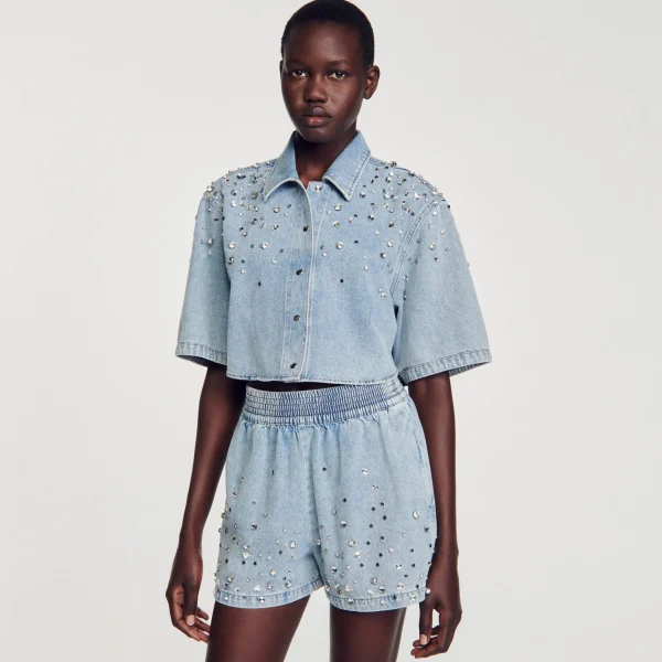 Sandro Paris Calça Jeans Curta Larga Com Strass-Mulheres Saias E Shorts