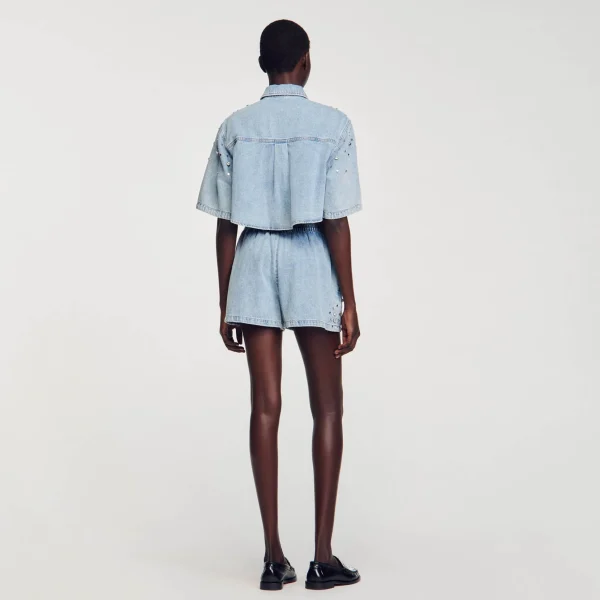 Sandro Paris Calça Jeans Curta Larga Com Strass-Mulheres Saias E Shorts