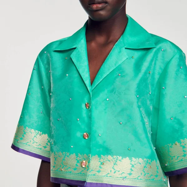 Sandro Paris Camisa Curta Jacquard Com Strass-Mulheres Tops E Camisas