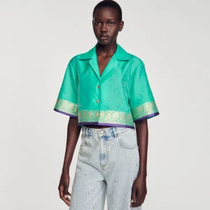 Sandro Paris Camisa Curta Jacquard Com Strass-Mulheres Tops E Camisas