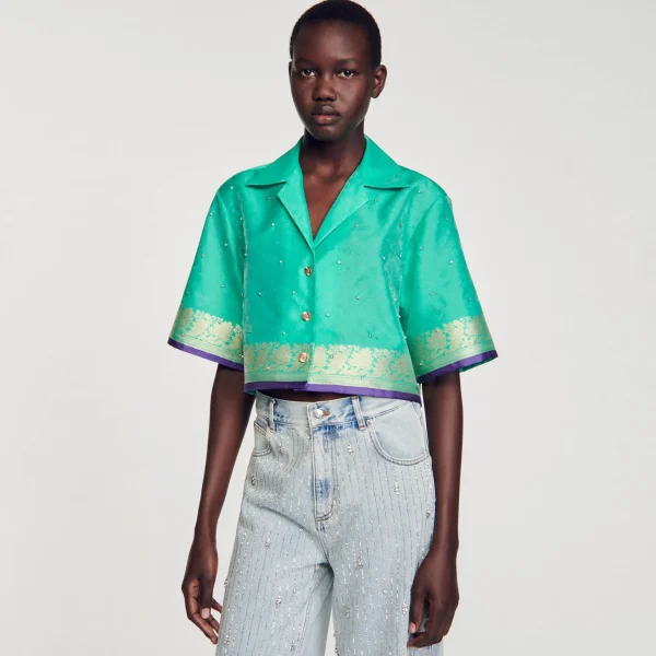 Sandro Paris Camisa Curta Jacquard Com Strass-Mulheres Tops E Camisas