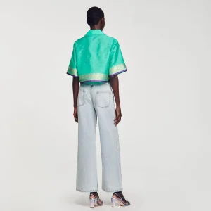 Sandro Paris Camisa Curta Jacquard Com Strass-Mulheres Tops E Camisas