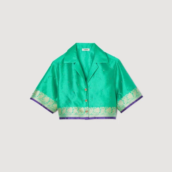 Sandro Paris Camisa Curta Jacquard Com Strass-Mulheres Tops E Camisas