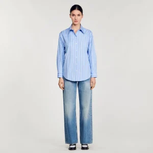 Sandro Paris Camisa Listrada Com Renda Nas Costas-Mulheres Tops E Camisas