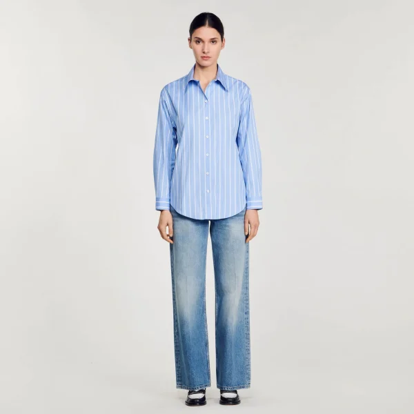 Sandro Paris Camisa Listrada Com Renda Nas Costas-Mulheres Tops E Camisas