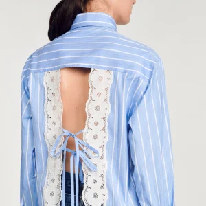 Sandro Paris Camisa Listrada Com Renda Nas Costas-Mulheres Tops E Camisas