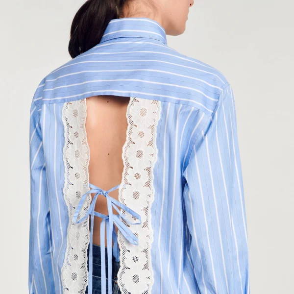 Sandro Paris Camisa Listrada Com Renda Nas Costas-Mulheres Tops E Camisas