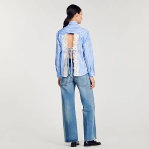 Sandro Paris Camisa Listrada Com Renda Nas Costas-Mulheres Tops E Camisas