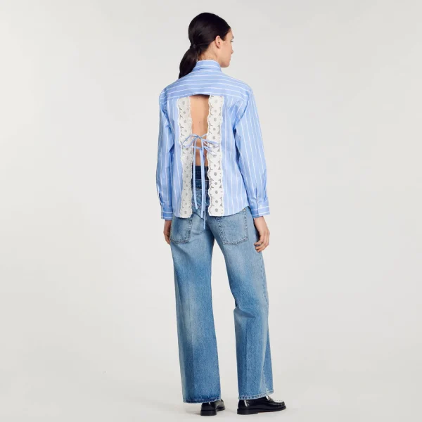 Sandro Paris Camisa Listrada Com Renda Nas Costas-Mulheres Tops E Camisas