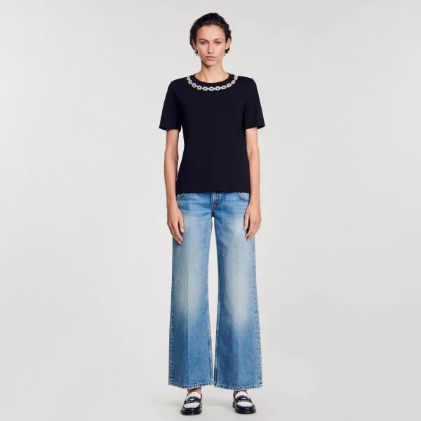 Sandro Paris Camiseta De Algodao Organico, Gola Joia-Mulheres Camisetas