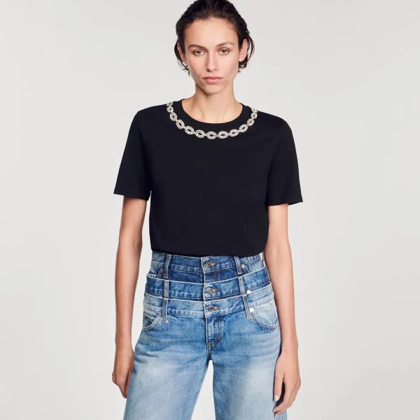 Sandro Paris Camiseta De Algodao Organico, Gola Joia-Mulheres Camisetas