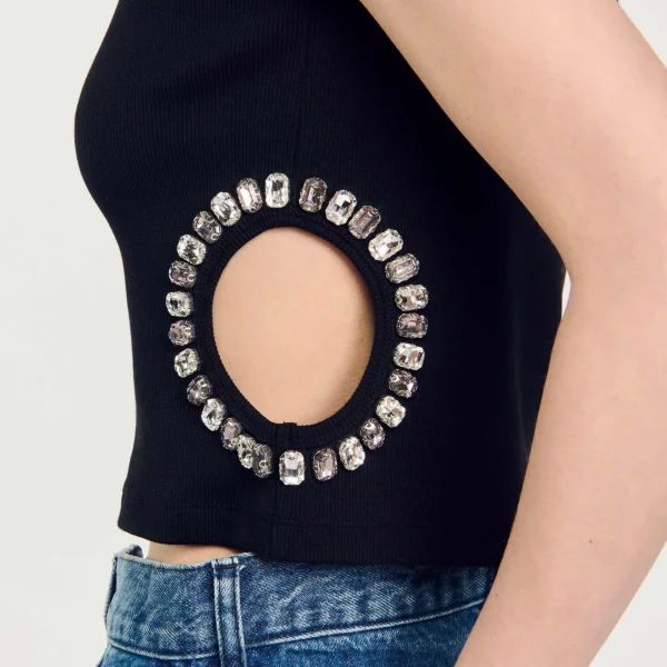 Sandro Paris Camiseta Decorada Com Diamantes-Mulheres Camisetas