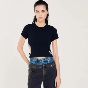 Sandro Paris Camiseta Decorada Com Diamantes-Mulheres Camisetas