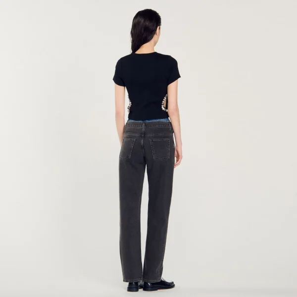 Sandro Paris Camiseta Decorada Com Diamantes-Mulheres Camisetas