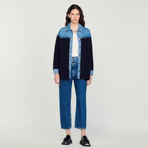 Sandro Paris Cardiga Estilo Jaqueta De Dois Materiais-Mulheres Suéteres E Cardigans