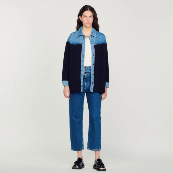 Sandro Paris Cardiga Estilo Jaqueta De Dois Materiais-Mulheres Suéteres E Cardigans