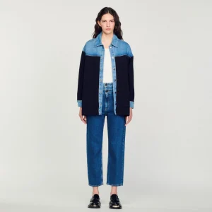 Sandro Paris Cardiga Estilo Jaqueta De Dois Materiais-Mulheres Suéteres E Cardigans