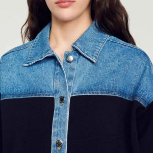 Sandro Paris Cardiga Estilo Jaqueta De Dois Materiais-Mulheres Suéteres E Cardigans