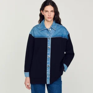 Sandro Paris Cardiga Estilo Jaqueta De Dois Materiais-Mulheres Suéteres E Cardigans