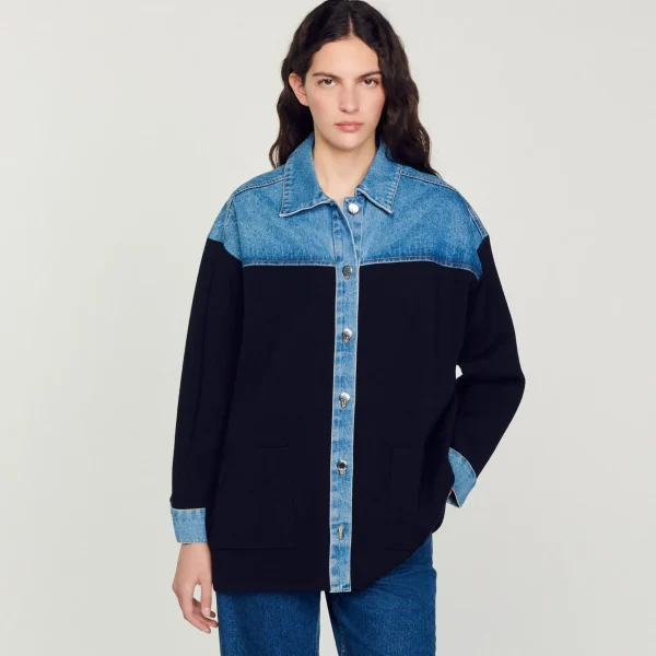 Sandro Paris Cardiga Estilo Jaqueta De Dois Materiais-Mulheres Suéteres E Cardigans