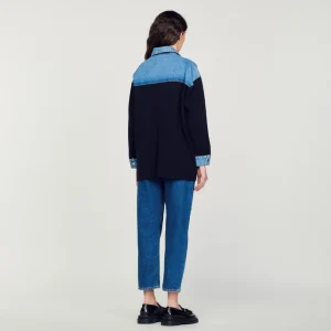 Sandro Paris Cardiga Estilo Jaqueta De Dois Materiais-Mulheres Suéteres E Cardigans