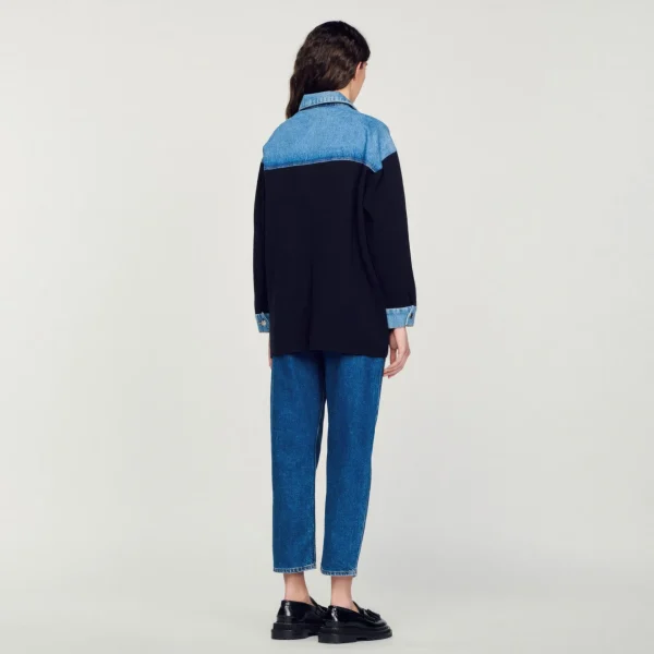 Sandro Paris Cardiga Estilo Jaqueta De Dois Materiais-Mulheres Suéteres E Cardigans