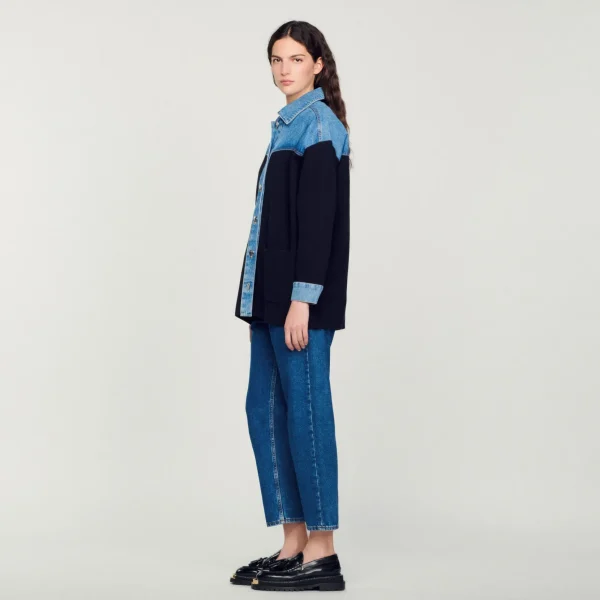 Sandro Paris Cardiga Estilo Jaqueta De Dois Materiais-Mulheres Suéteres E Cardigans