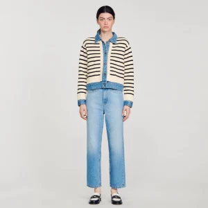 Sandro Paris Cardiga Listrado Em Malha E Jeans-Mulheres Suéteres E Cardigans