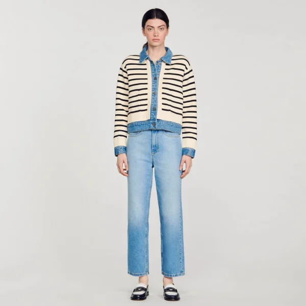 Sandro Paris Cardiga Listrado Em Malha E Jeans-Mulheres Suéteres E Cardigans