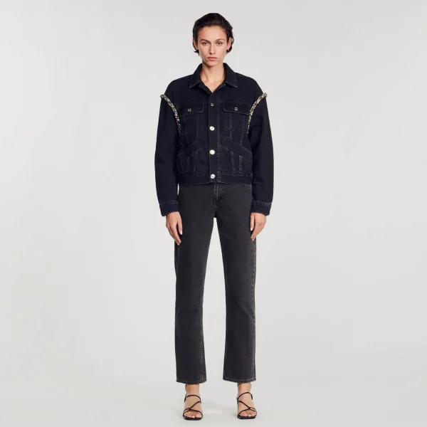 Sandro Paris Jaqueta Jeans Oversized Com Strass-Mulheres Casacos
