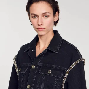 Sandro Paris Jaqueta Jeans Oversized Com Strass-Mulheres Casacos