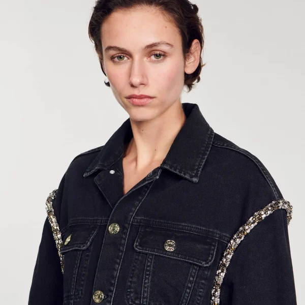Sandro Paris Jaqueta Jeans Oversized Com Strass-Mulheres Casacos