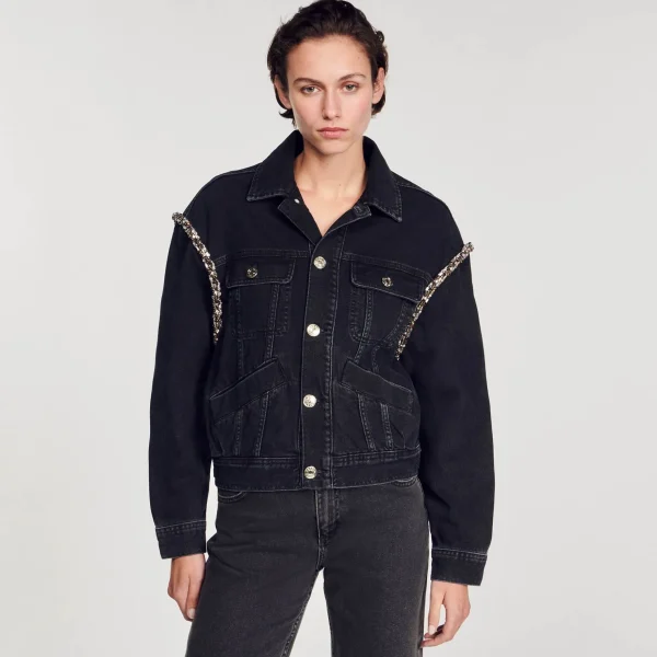 Sandro Paris Jaqueta Jeans Oversized Com Strass-Mulheres Casacos