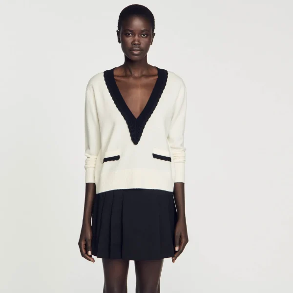 Sandro Paris Sueter Bicolor Com Decote Em V-Mulheres Suéteres E Cardigans