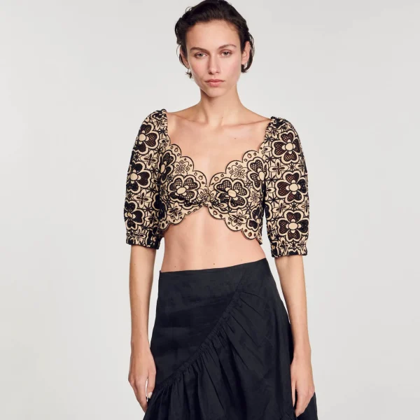 Sandro Paris Top Cropped Bordado Ingles-Mulheres Tops E Camisas