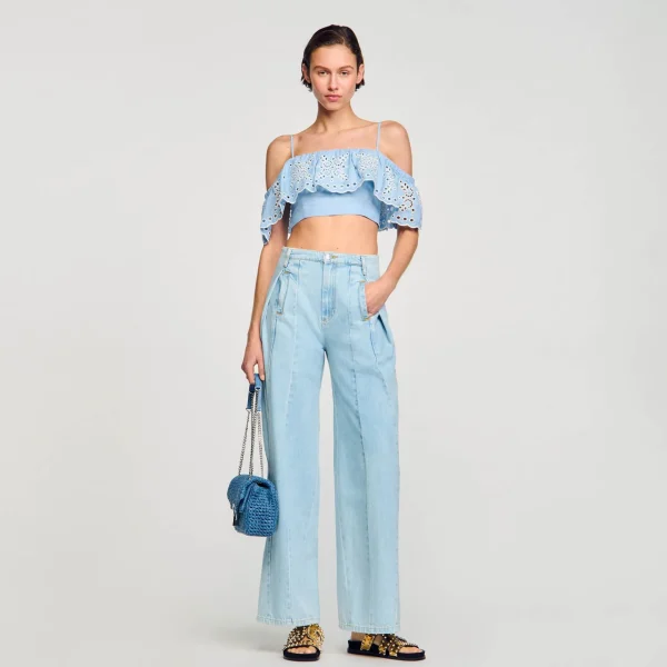 Sandro Paris Top Cropped Com Babado-Mulheres Tops E Camisas