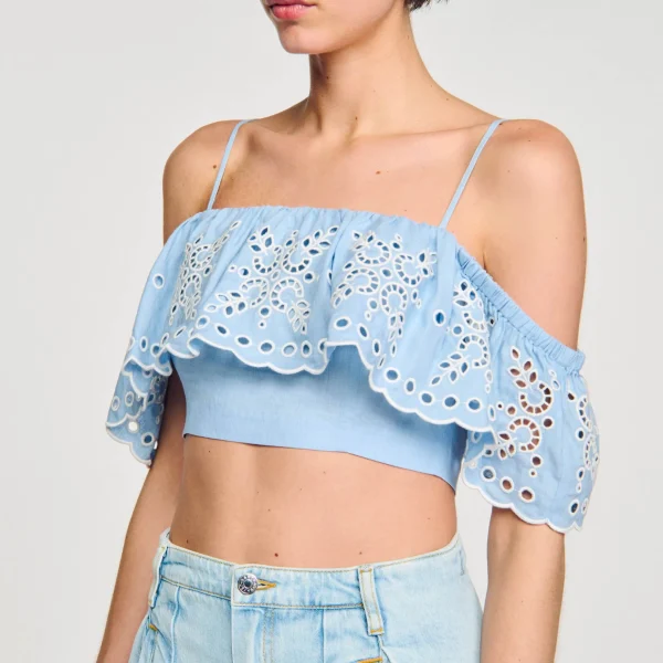 Sandro Paris Top Cropped Com Babado-Mulheres Tops E Camisas