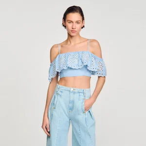 Sandro Paris Top Cropped Com Babado-Mulheres Tops E Camisas