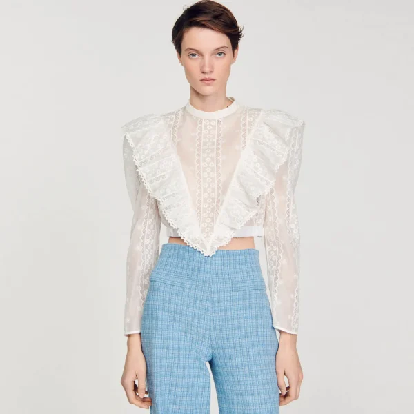 Sandro Paris Top Cropped Com Bordado Ingles-Mulheres Tops E Camisas
