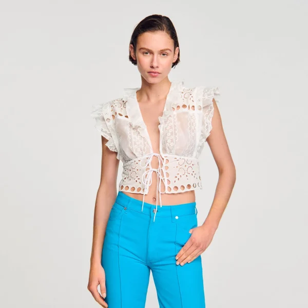 Sandro Paris Top Recortado Com Babados-Mulheres Tops E Camisas