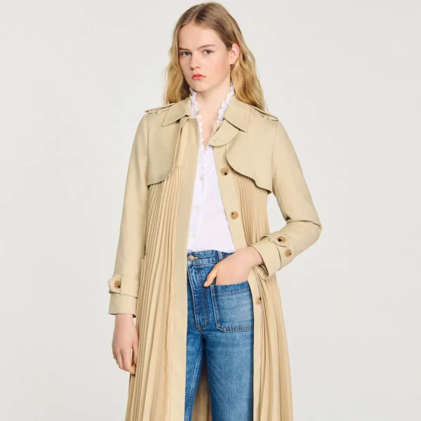 Sandro Paris Trench Coat Plissado Com Cinto-Mulheres Casacos