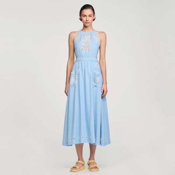 Sandro Paris Vestido Longo Com Bordado Ingles-Mulheres Vestidos
