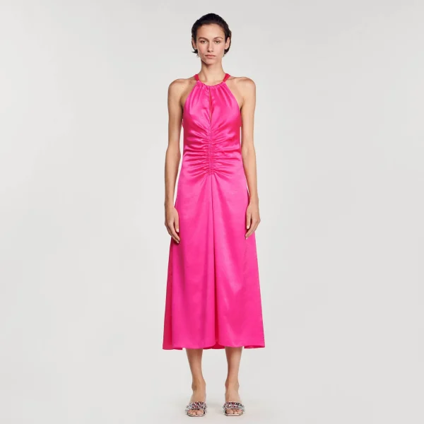Sandro Paris Vestido Longo De Cetim E Franzido-Mulheres Vestidos