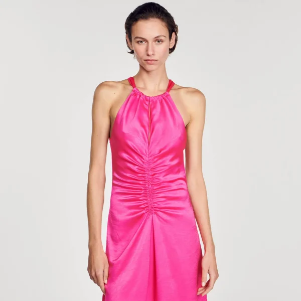 Sandro Paris Vestido Longo De Cetim E Franzido-Mulheres Vestidos