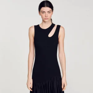 Sandro Paris Vestido Longo De Dois Materiais-Mulheres Vestidos